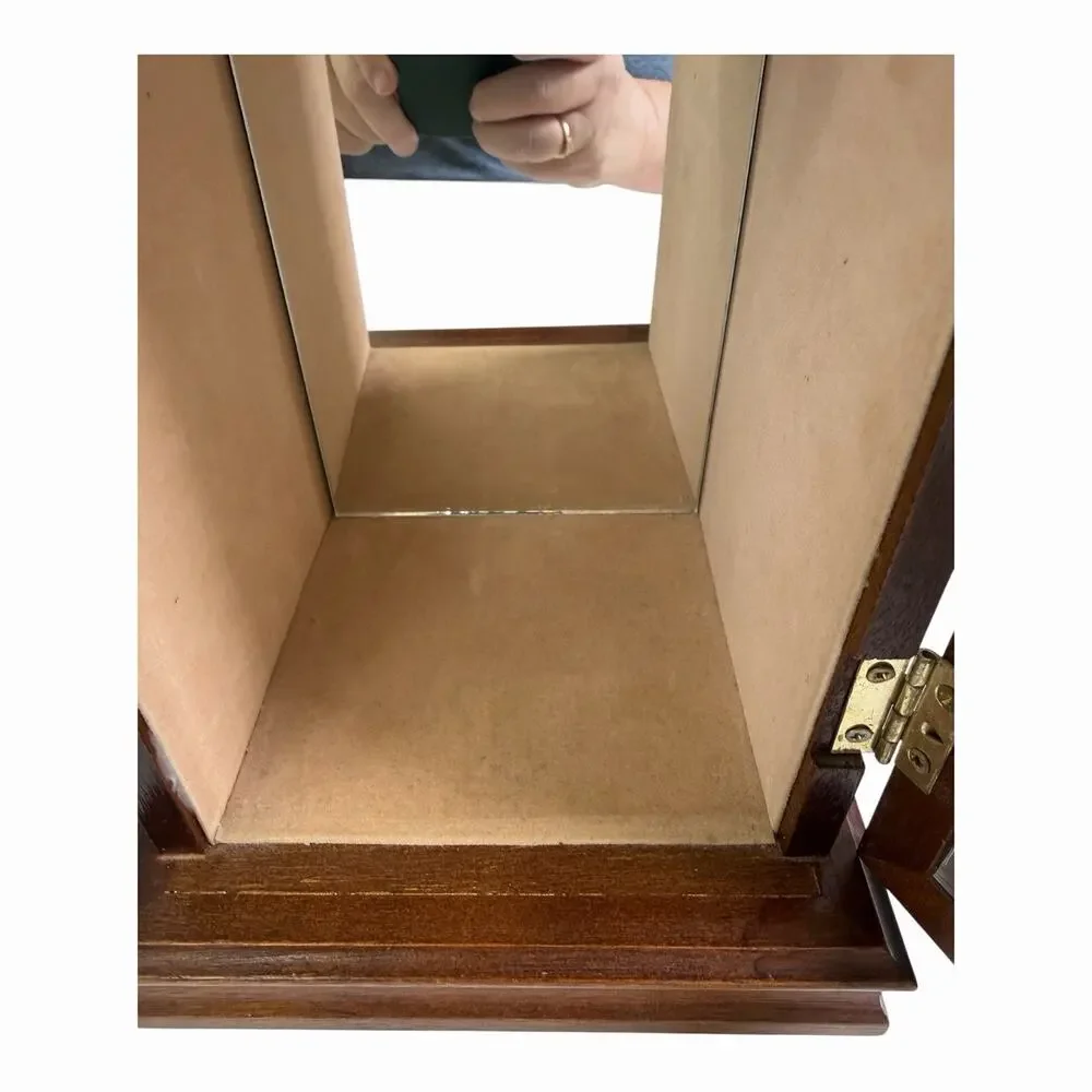 Vintage 1980’s Wooden Jewelry Cabinet Mirror Back Glass Etched Door Carousel